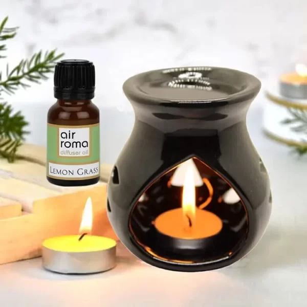 Airroma Aroma Gift Set Oil Burner Aroma Diffuser Black (Free 2 Tea Light Candles & 10 ml Lemon Grass Aroma Oil) Diffuser, Diffuser Set, Aroma Oil Diffuser Oil Burner Gift Set (4 x 1 Units)