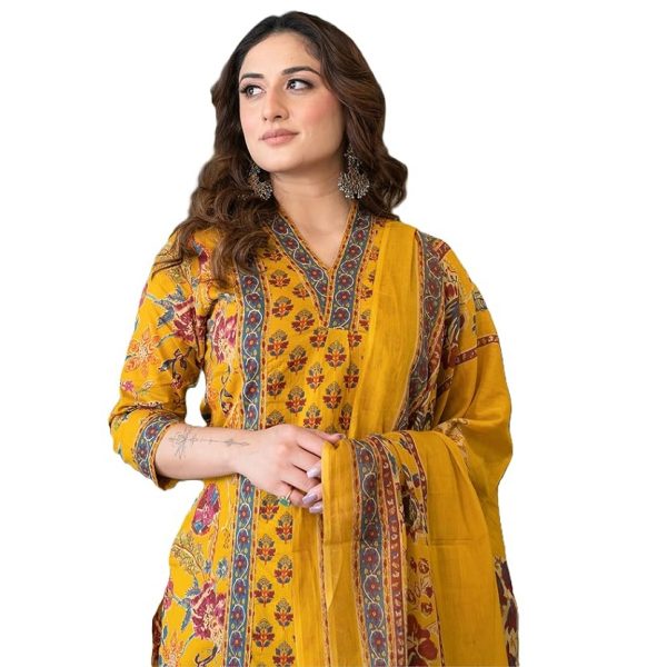 Arayna Women's Pure Cotton Block Printed Ethnic Wear Kurta Set with Palazzo Pants & Dupatta