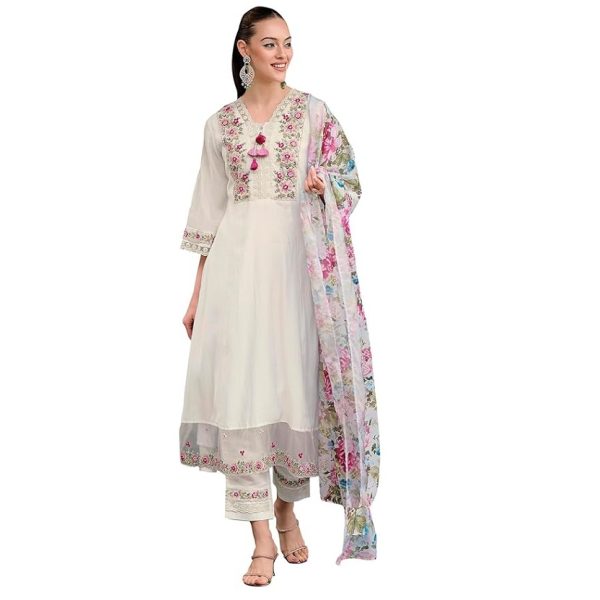 INDO ERA Women's Silk Blend Embroidered A-Line Kurta Pant with Dupatta Set
