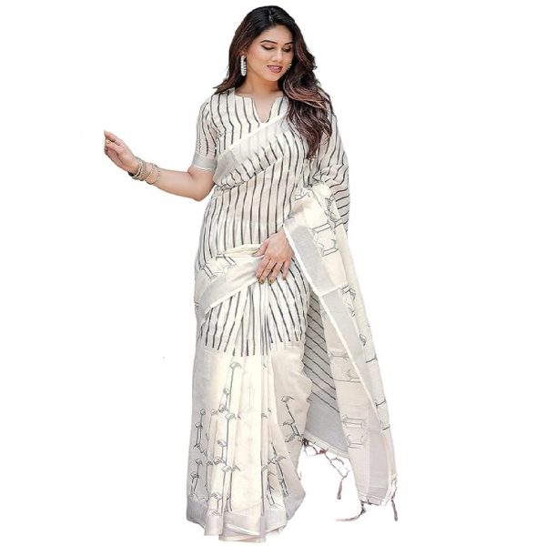 SIRIL Women's Cotton Linen Printed Saree with Unstitched Blouse Piece