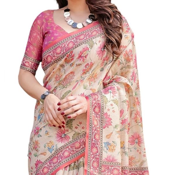 ALMAARI FASHION Floral Print Cotton Saree with Tassels, Pink Border, Traditional Design, 5.5 Metres with Blouse Piece