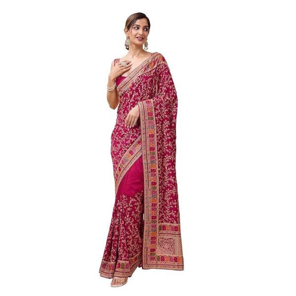 TRENDMALLS Women's Vichitra Silk Embroidery, Siroski Stone Work Saree with Unstitch Blouse Piece