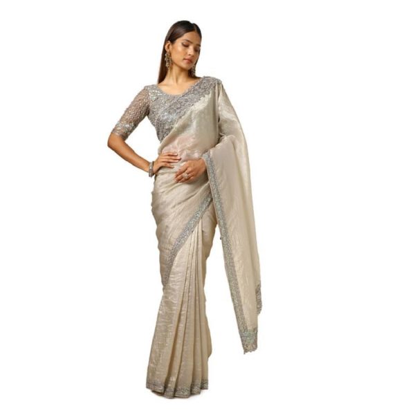 Soch Womens Beige Organza Embroidered Saree With Sequins