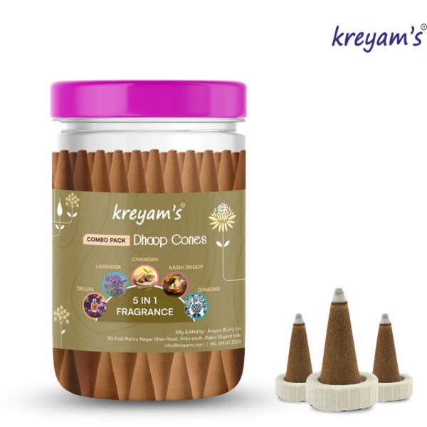 Kreyam's 5 Variant Incense Dhoop Cone Combo Set for Pooja Deluxe, KashiDhoop, Diamond, Lavender, Sandal Dhoop
