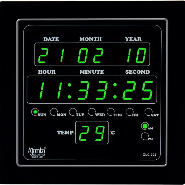 AJANTA Digital 25.4 cm X 25.4 cm Wall Clock (Green, Black, With Glass, Standard)
