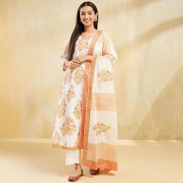 Fabindia White Cotton Printed Slim Fit Kurta & Dupatta Set