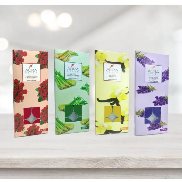 AuraDecor Pack of 40 Fragrance Tealights Vanila, Rose, Lemon Grass & Lavender. Candle (Red, Green, Yellow, Purple, Pack of 40)